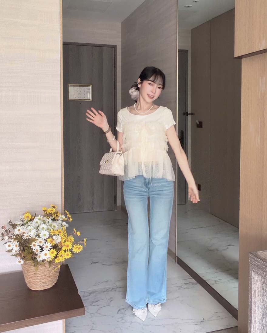 LINA LINA微甜小記荷葉波點背心上衣兩件組-奶油杏