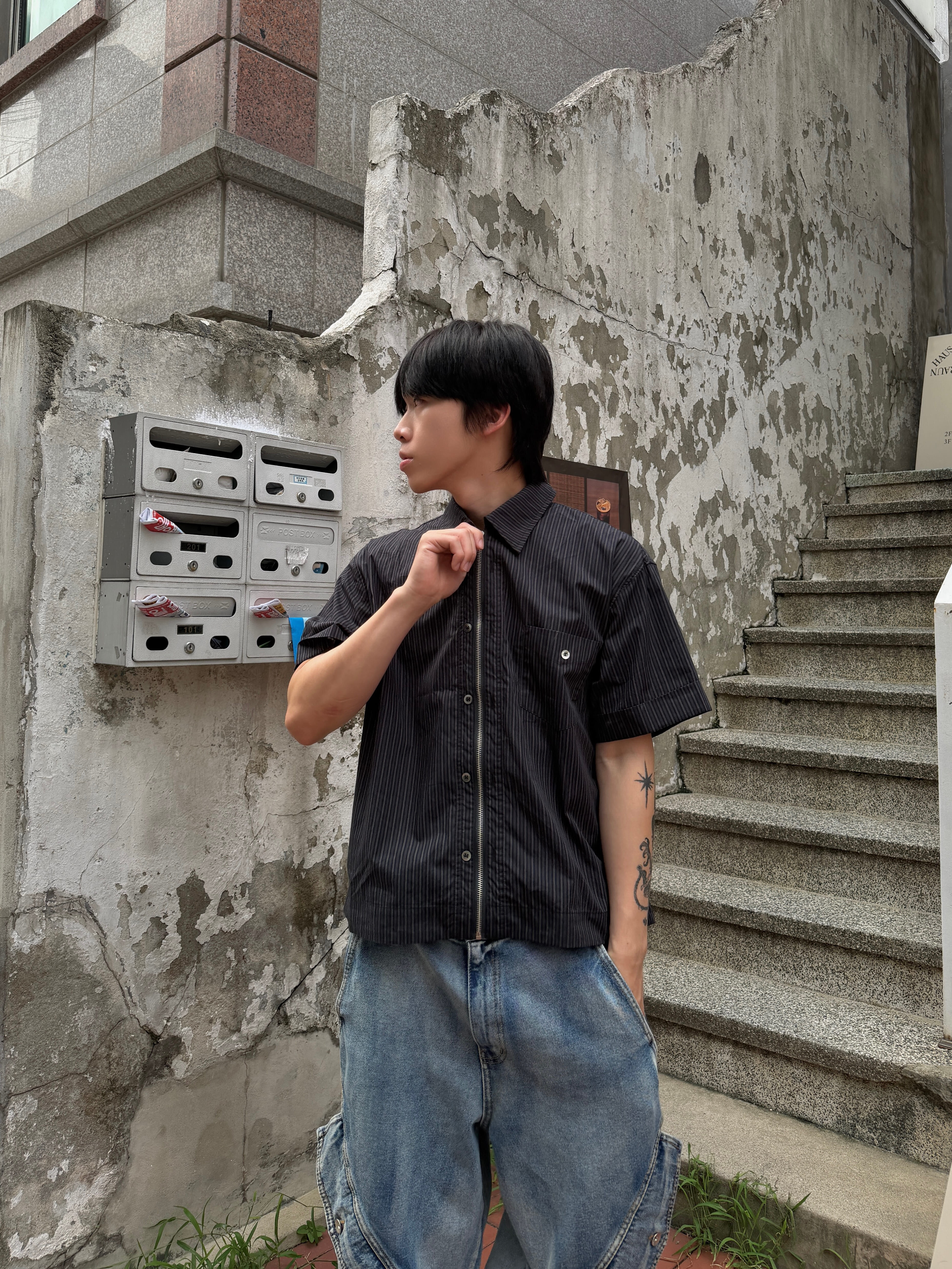 細條紋 格紋 拉鍊短袖 襯衫夾克