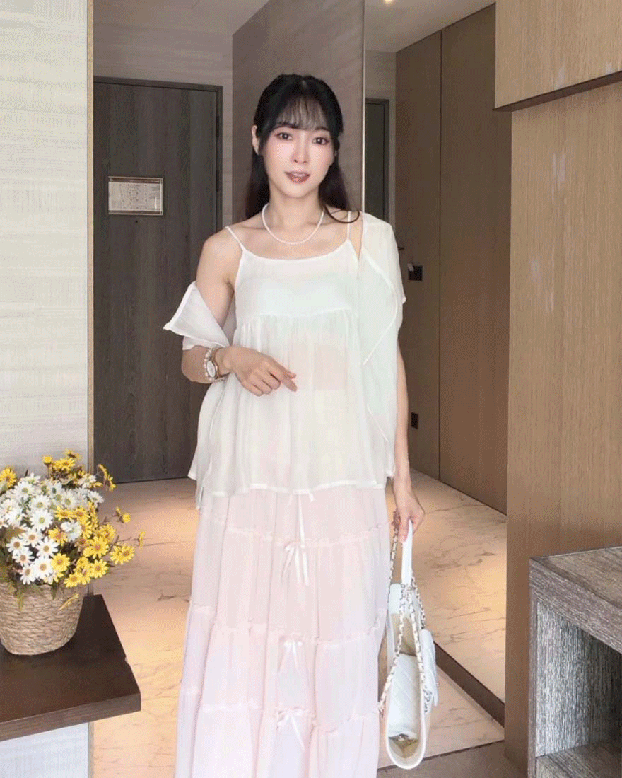 LINA LINA日安巴黎純色紋理上衣背心兩件組-珍珠白