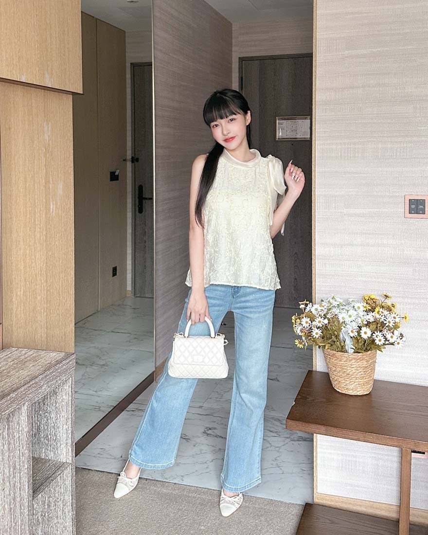 LINA LINA高貴精緻亮片刺繡花朵蝴蝶結上衣-氣質杏