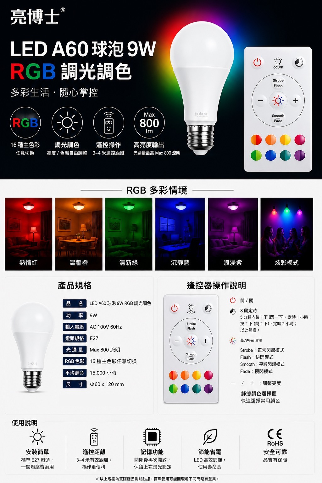 LED A60 9W RGB 調光調色 球泡 (1組6入)
