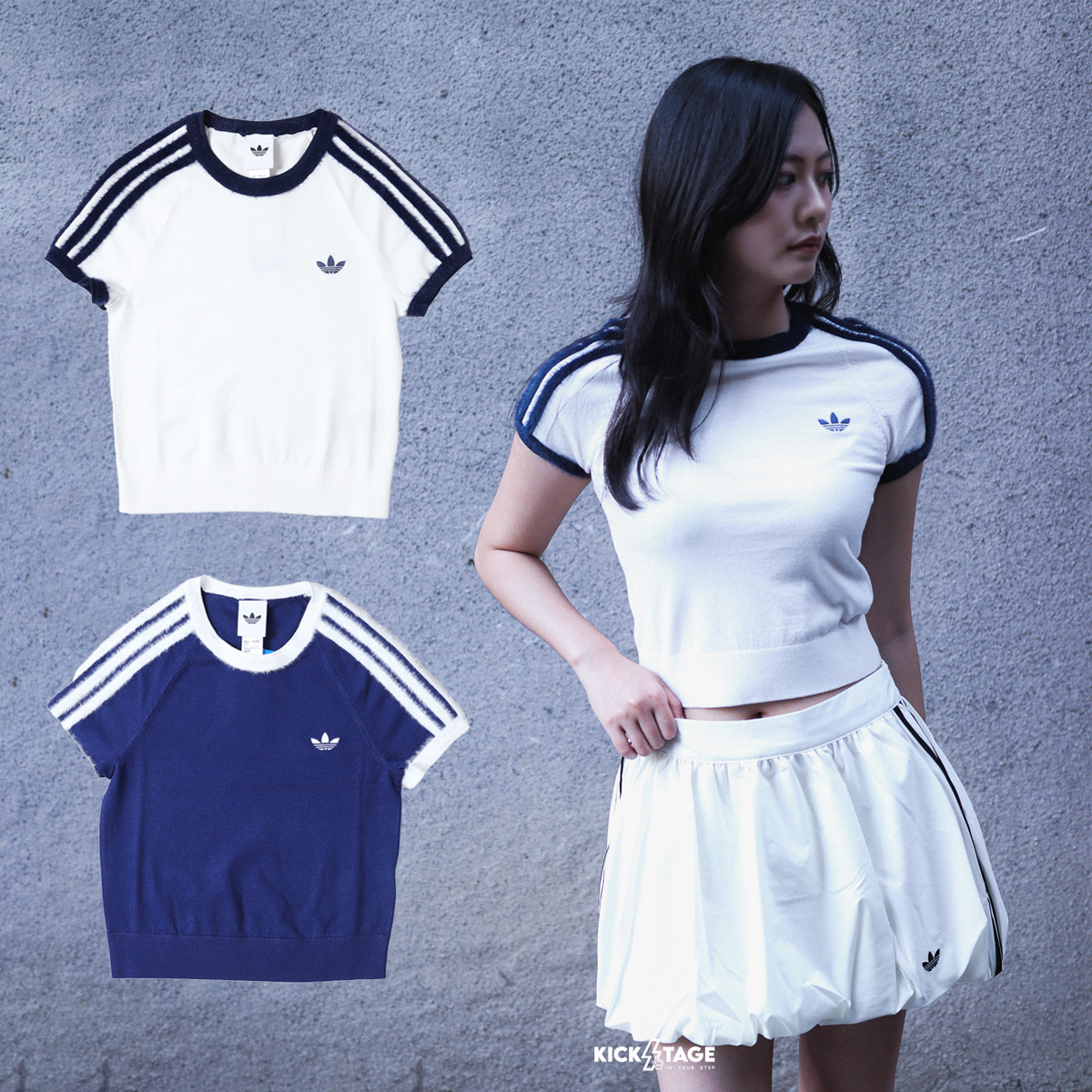 女款 ADIDAS KNIT TEE 白色 藍色 修身 針織 三葉草 貼身 短版 短T【KS9952/KW2606】ADLP