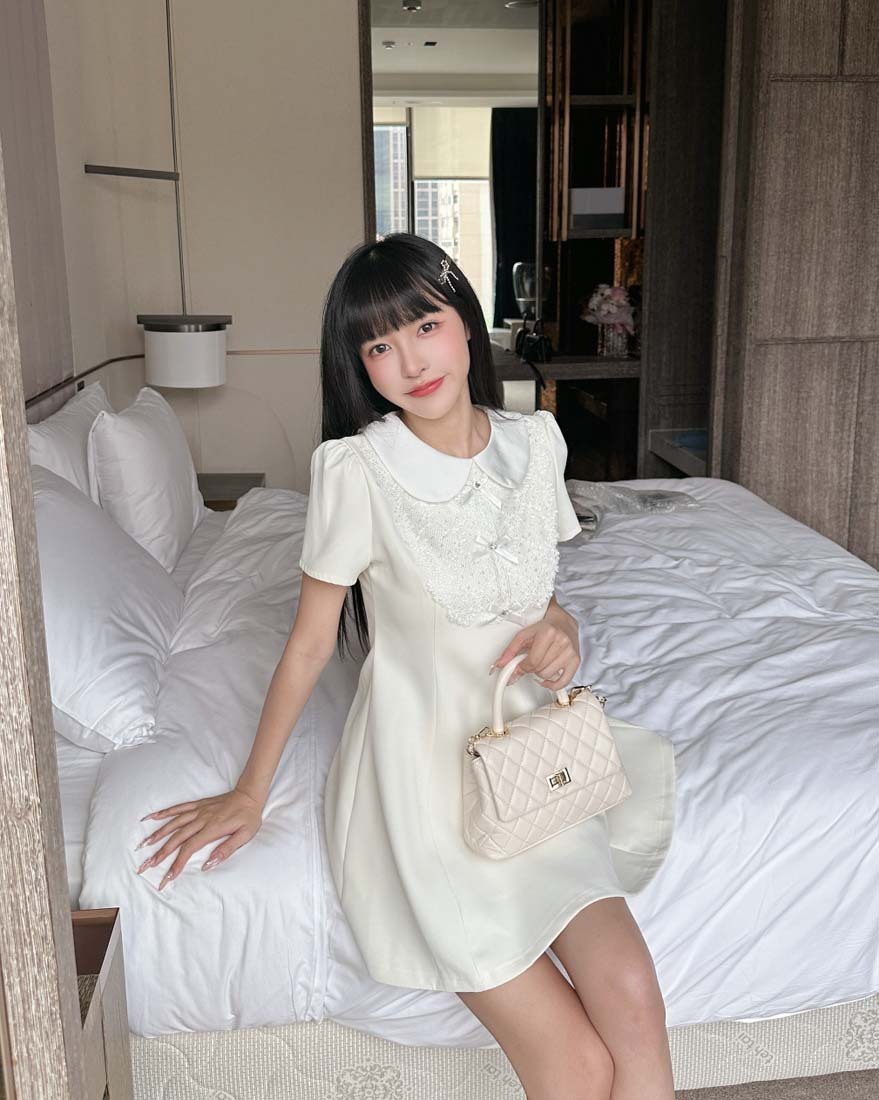 LINA LINA千金甜采鑽石蝴蝶結刺繡網紗洋裝-優雅杏M/L