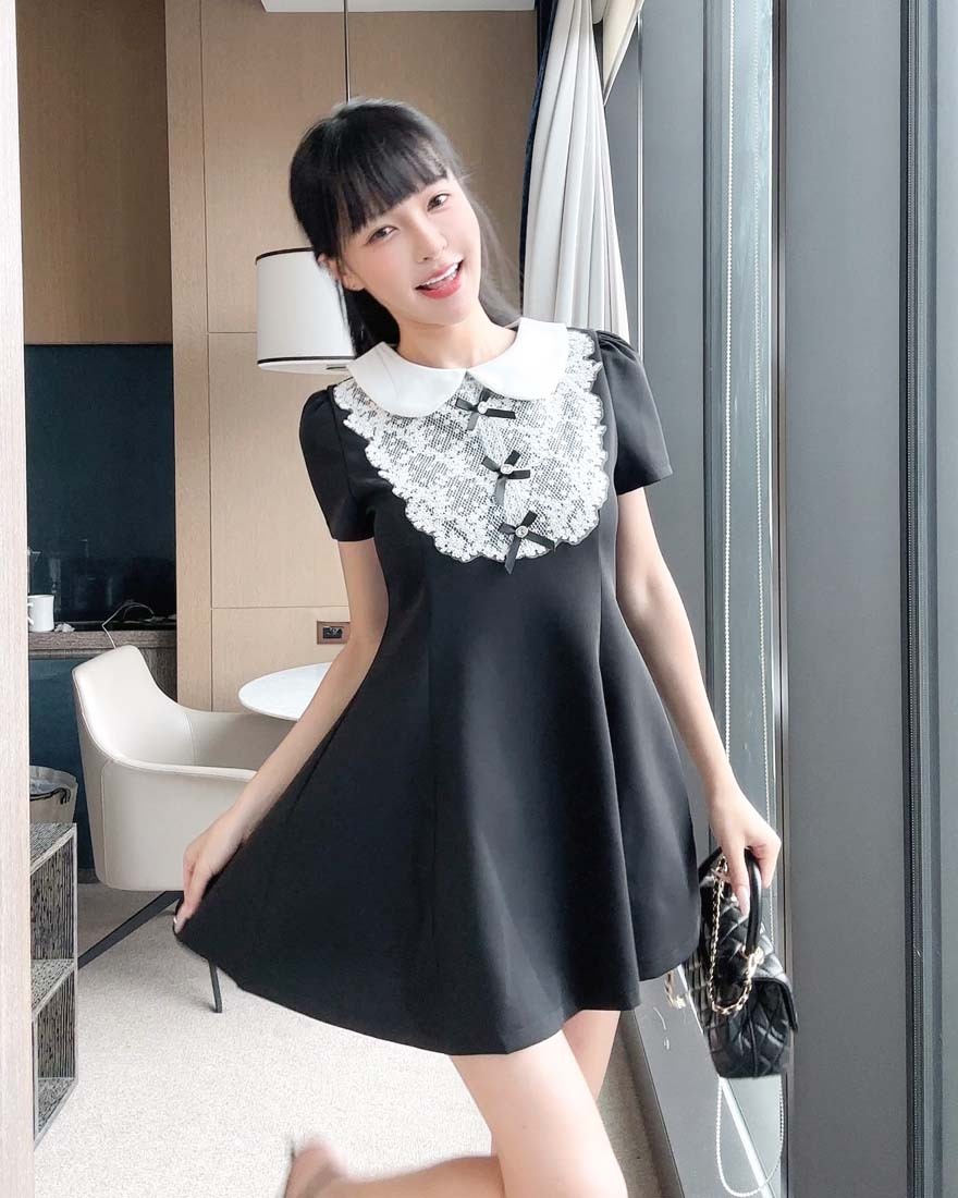 LINA LINA千金甜采鑽石蝴蝶結刺繡網紗洋裝-貴氣黑M/L