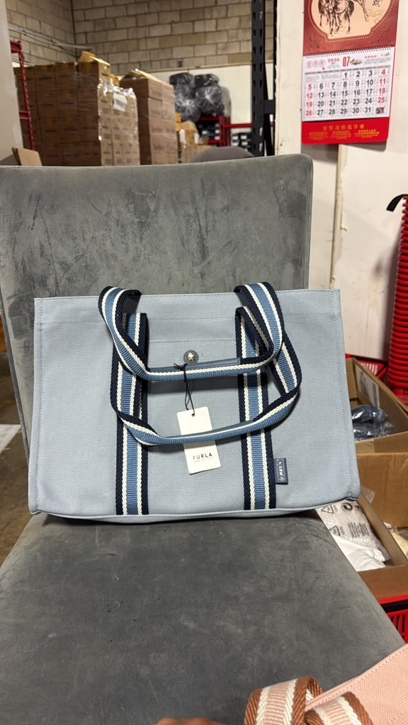 DI149 Furla Duna 帆布拼色 Tote 粉藍 42x29cm