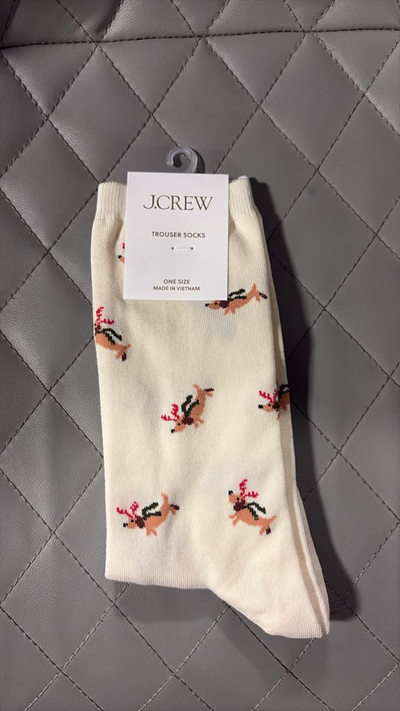 DI120 J.CREW 米色滿版鹿角臘腸狗中筒長襪