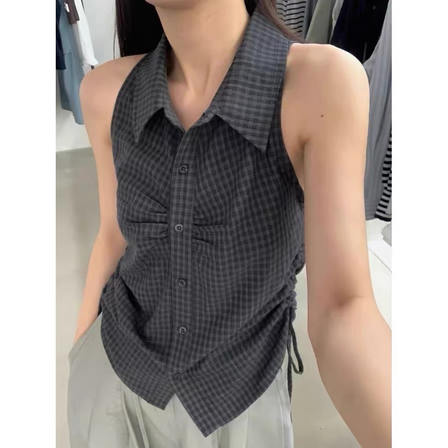 格紋翻領削肩背心