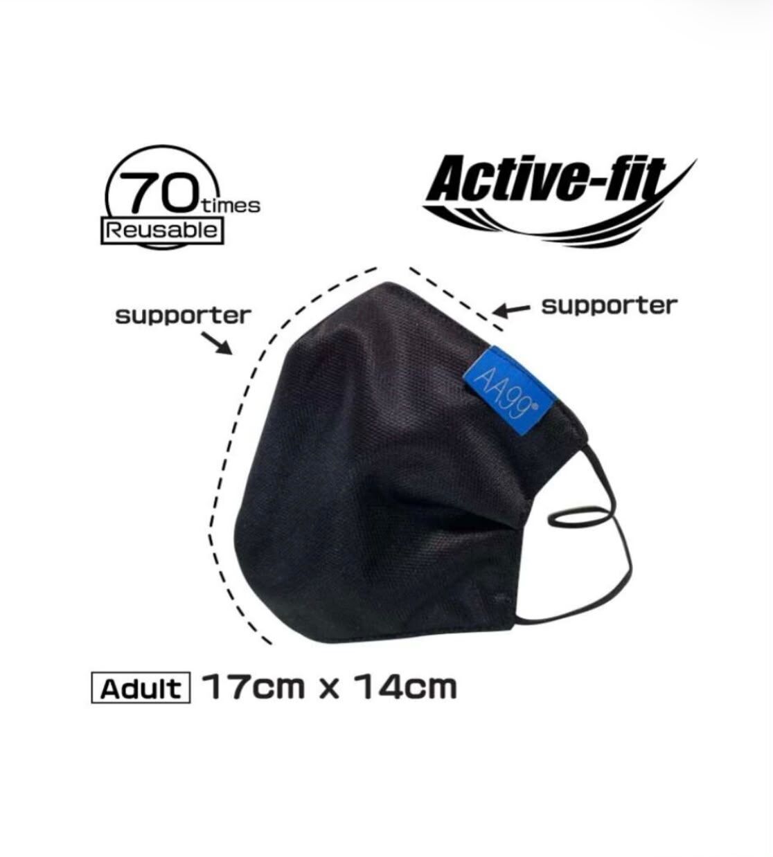 AA99® 抗菌Active-Fit 可重用納米高效能口罩 - 黑色 (可重用70次)