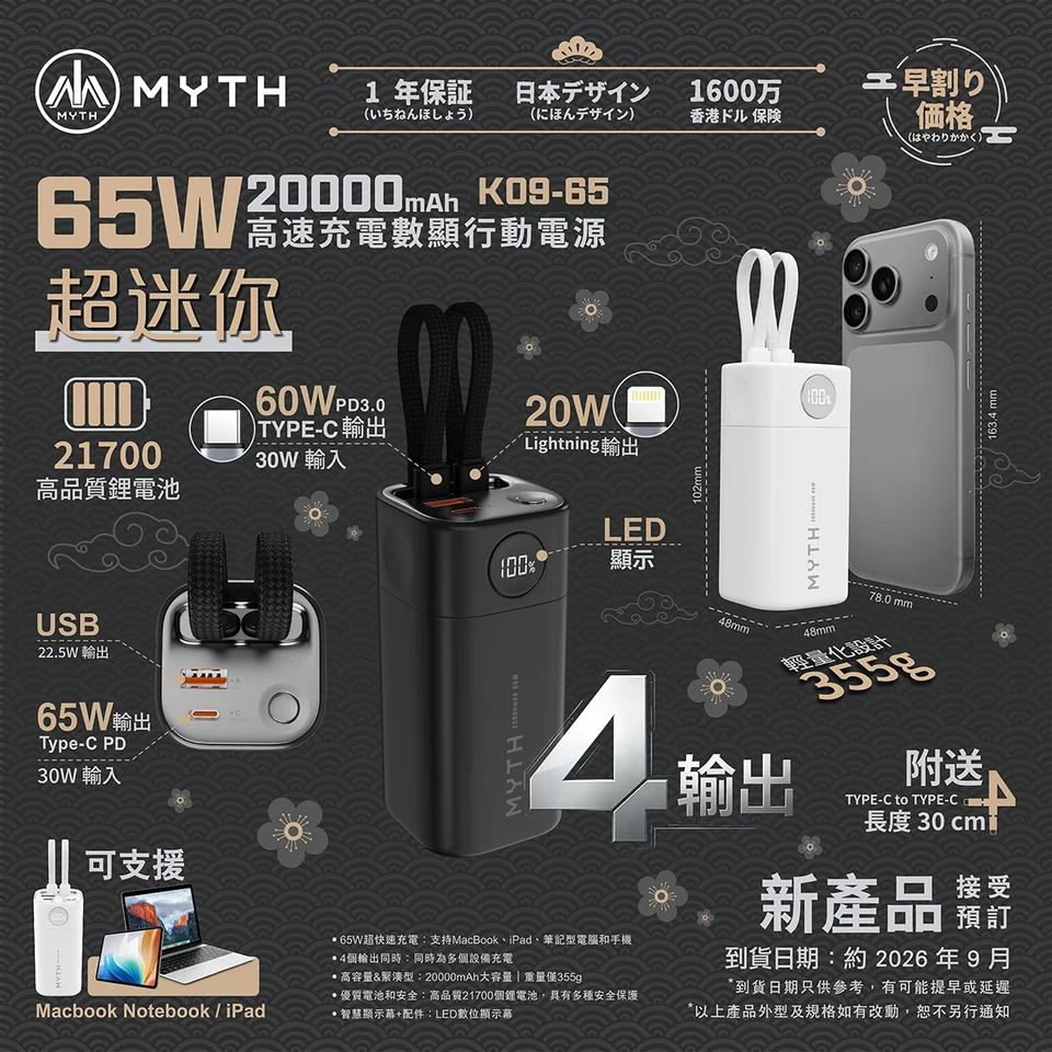 (早買限定優惠)Myth 超迷你 65W 20000mAh K09-65 高速充電數顯行動電源