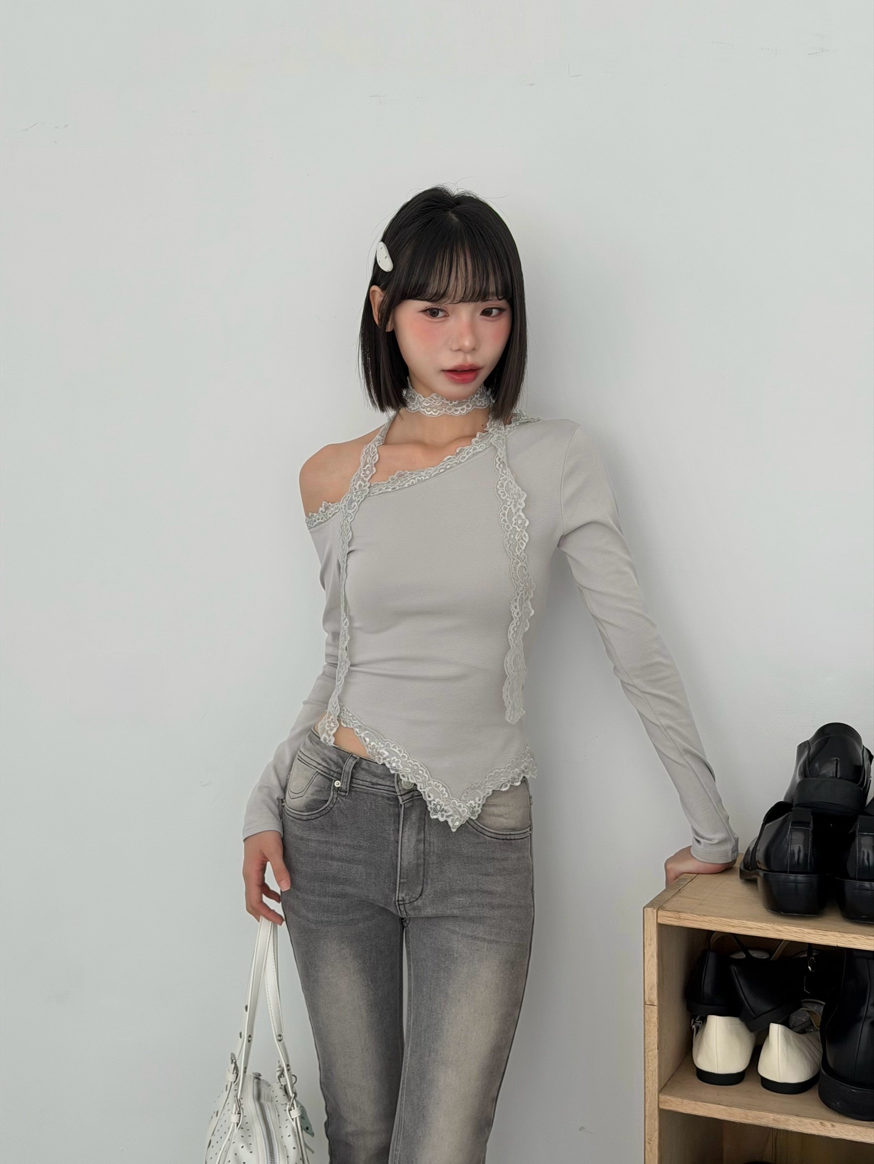 mmb溫柔蕾絲斜領長tee