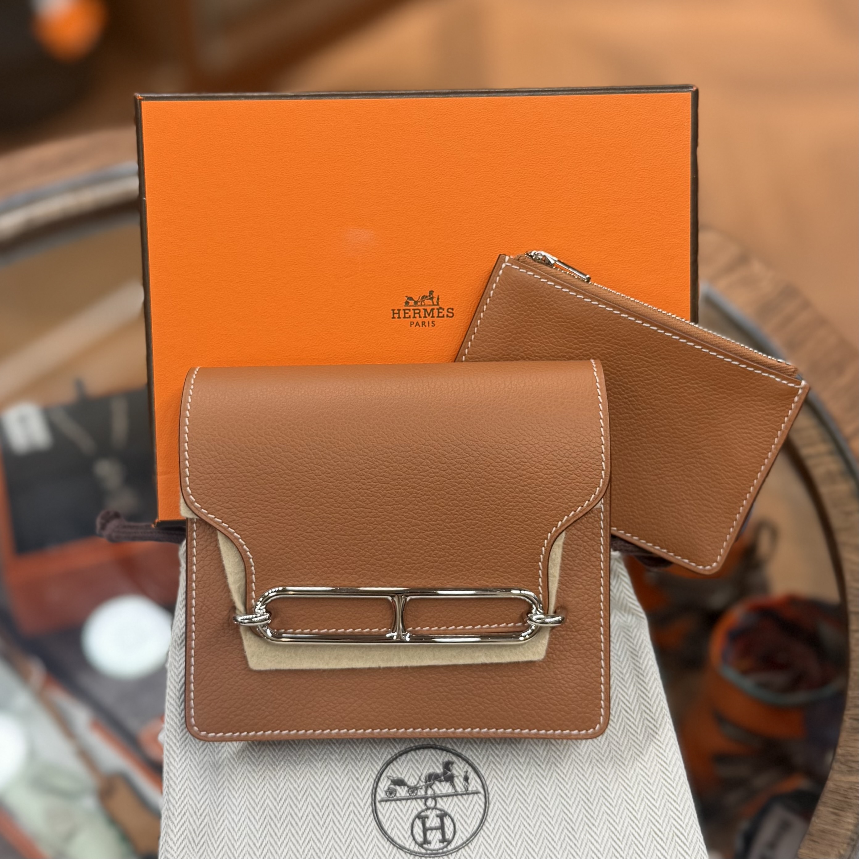 BRAND NEW HERMES MINI ROULIS SLIM WALLET GOLD EVERCOLOR 金棕色銀扣 STAMP Z #愛馬仕