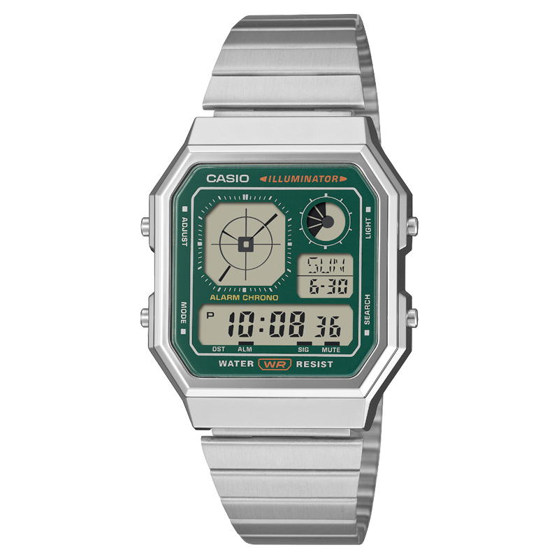 CASIO 綠色 雙時顯示 長方形 復古錶 A130WE-3A