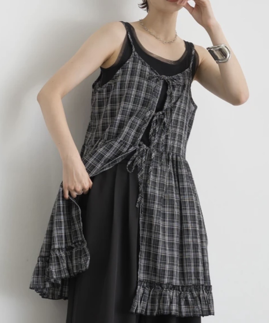 Blouse Check Pattern Front Ribbon Tunic Camisole
