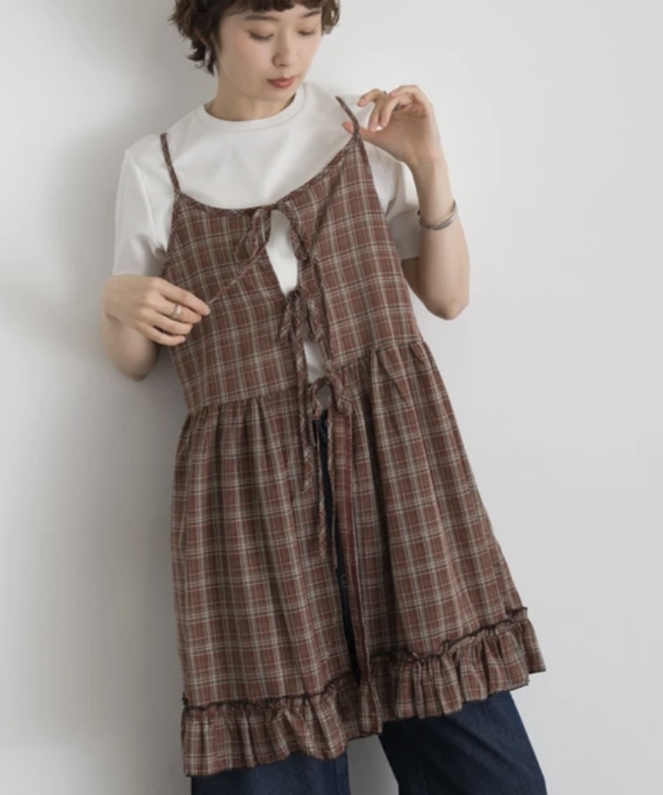 Blouse Check Pattern Front Ribbon Tunic Camisole
