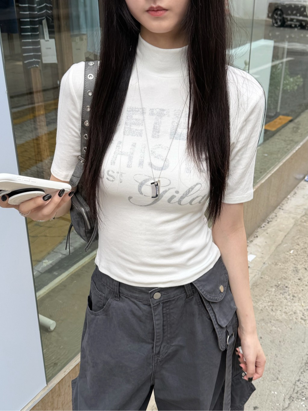 A0396-A13 斑駁字母小立領彈力五分袖上衣