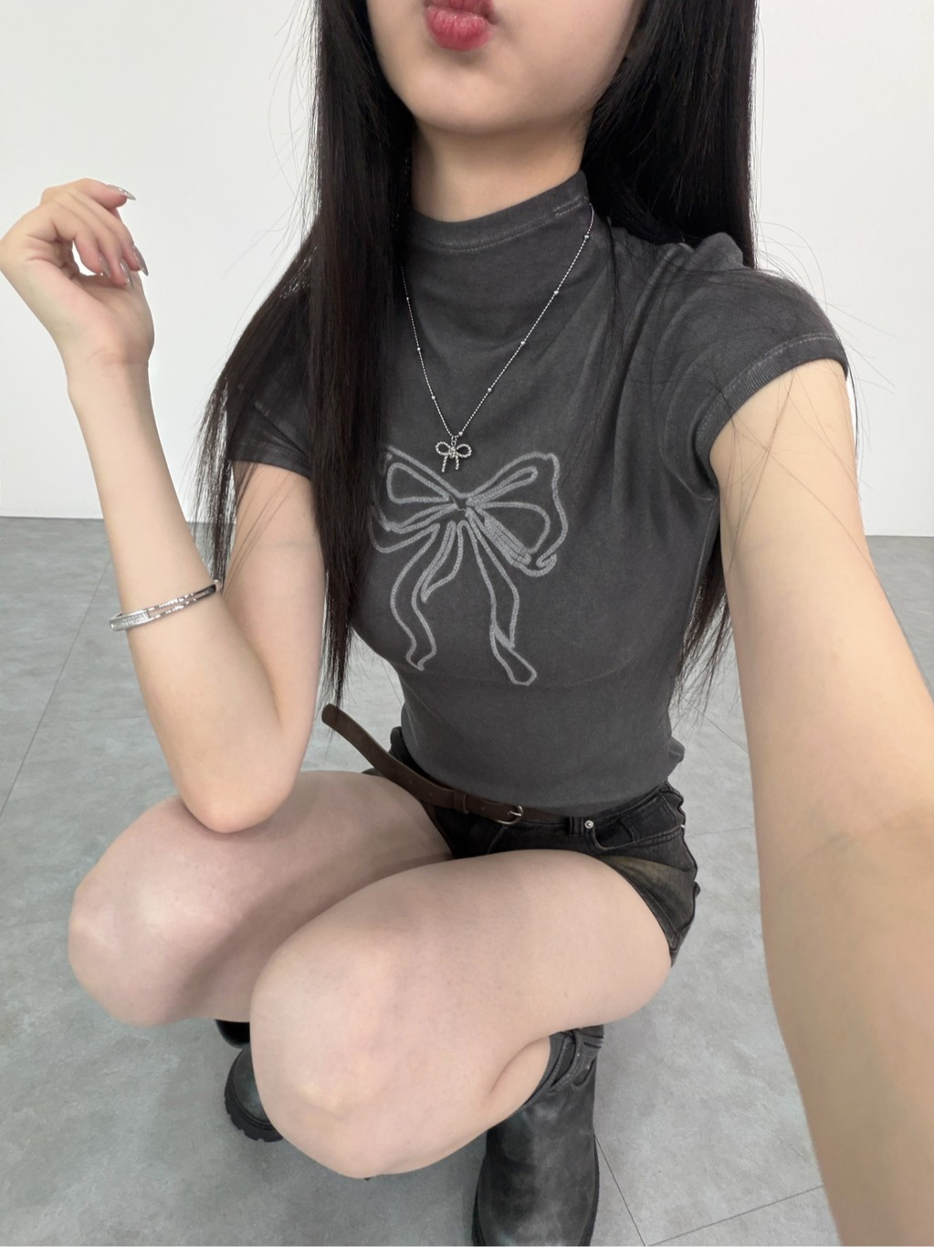 A0395-A13 復古水洗針織蝴蝶結小立領上衣