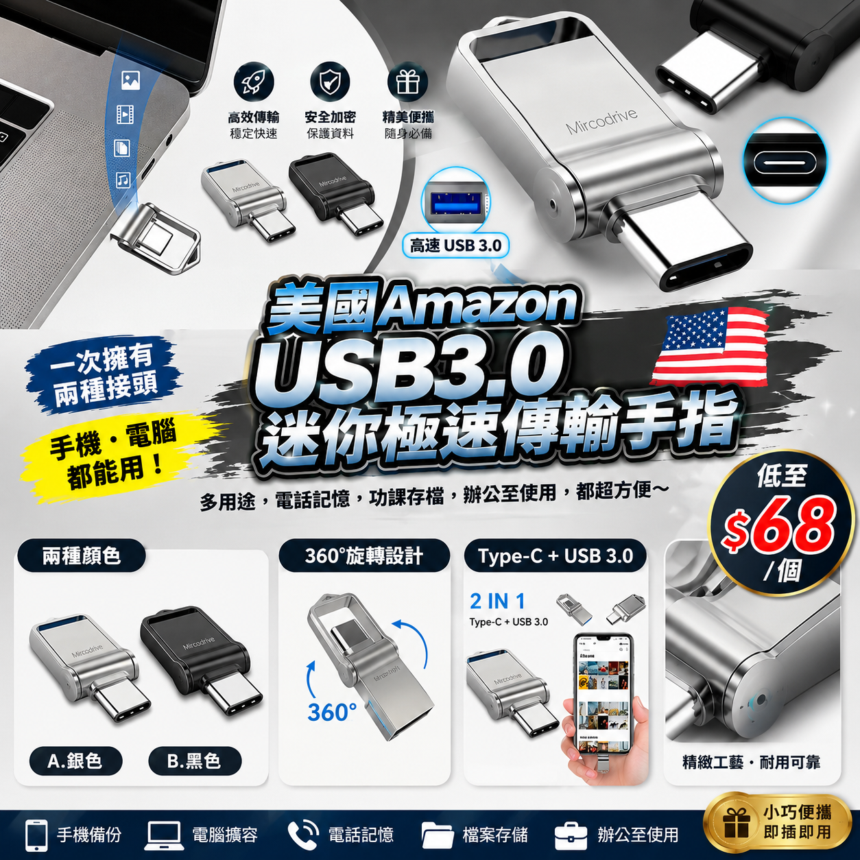 【UB10025】美國Amazon Usb3.0 Microdrive 360°Rotate迷你極速傳輸手指記憶體 128GB