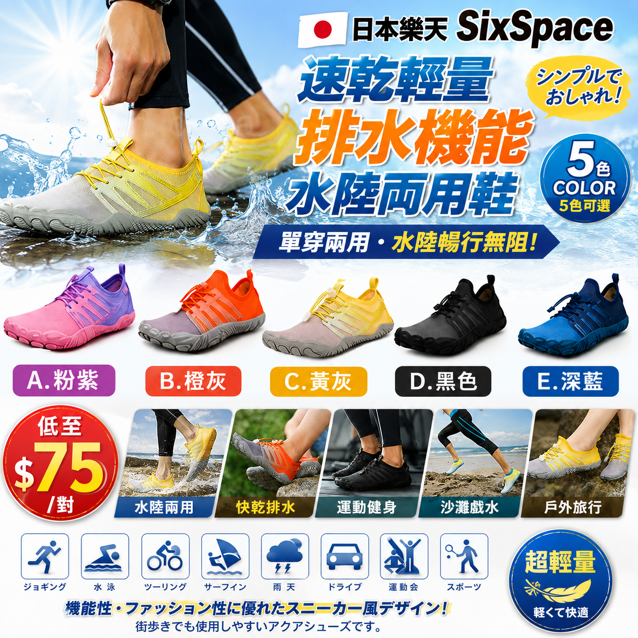 【UB10026】日本樂天SixSpace速乾輕量排水機能水陸兩用鞋