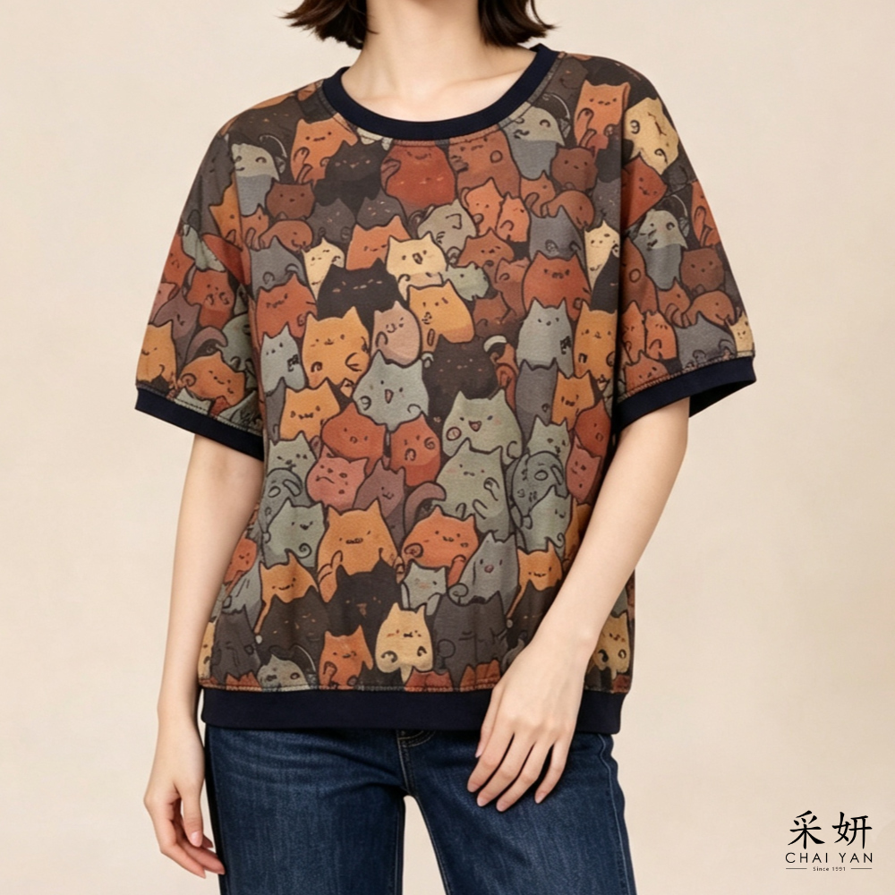 滿版貓咪棉麻短袖上衣