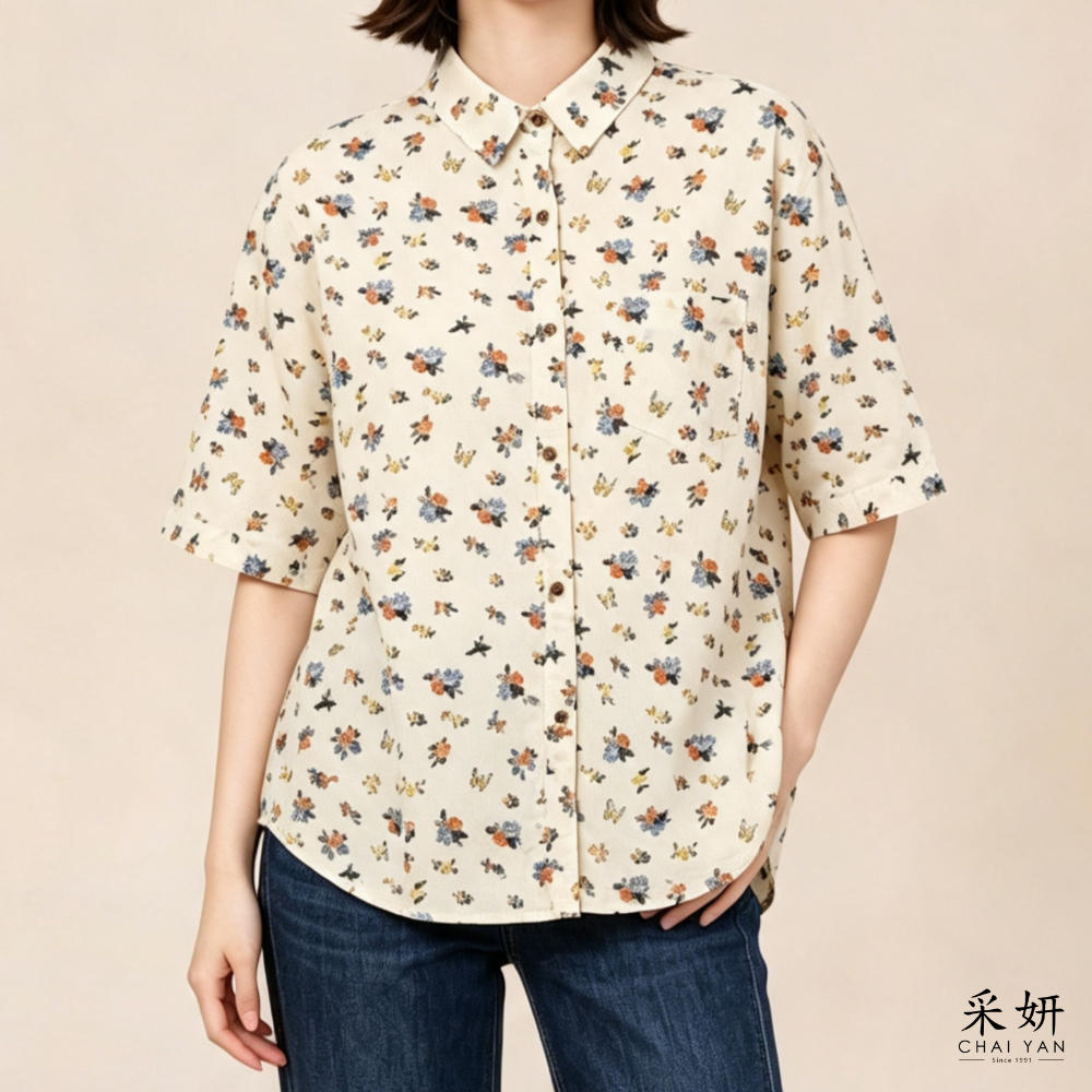 滿版小花棉麻短袖襯衫