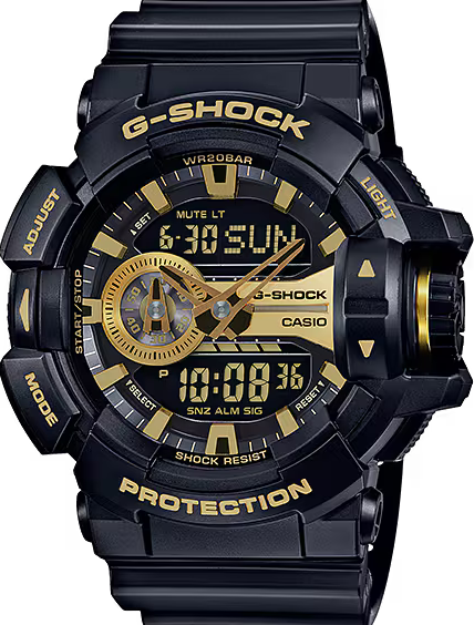 萬年鐘錶 - G-SHOCK  黑金元素雙顯休閒運動防震電子錶 GA-400GB-1A9  錶徑 : 51.9mm