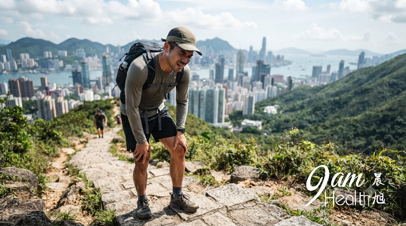 一位行山客在香港山徑上登高,手扶着膝蓋面露酸軟疲憊