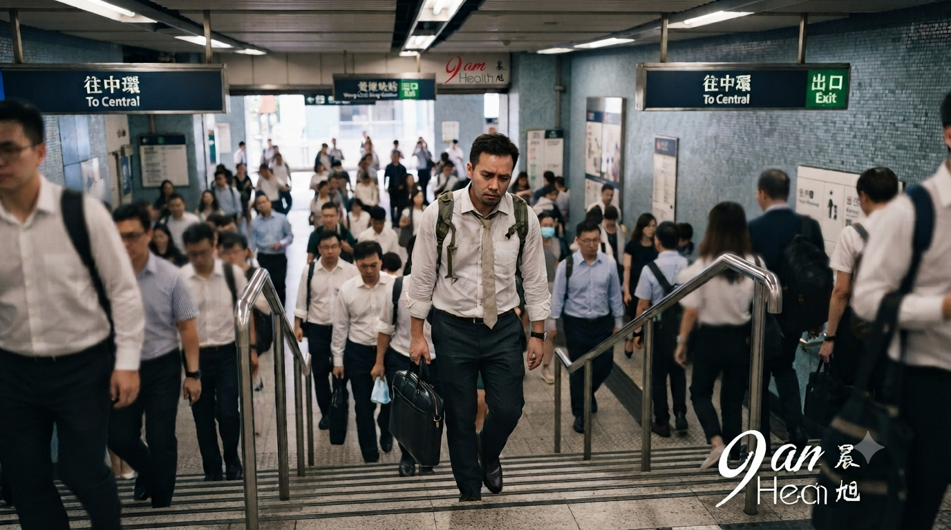 香港地鐵站或大廈內,上班族拿著公事包在上落樓梯時,表情略顯沉重。