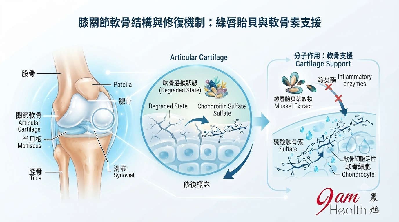 醫療級資訊圖表,展示關節軟骨結構、綠唇蚌與軟骨素如何修護關節。
