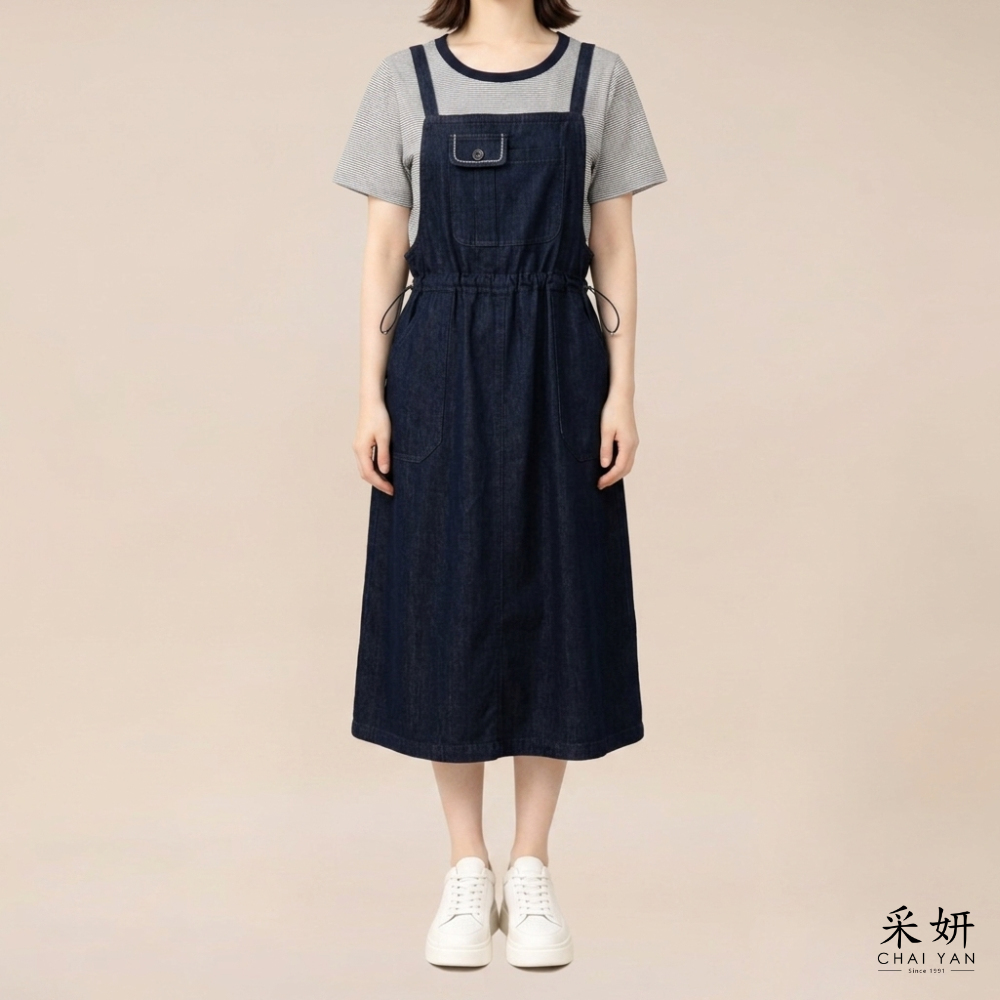 學院風拼接牛仔假兩件洋裝