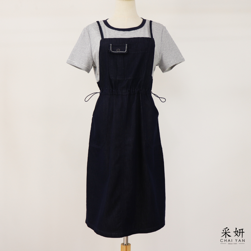 學院風拼接牛仔假兩件洋裝