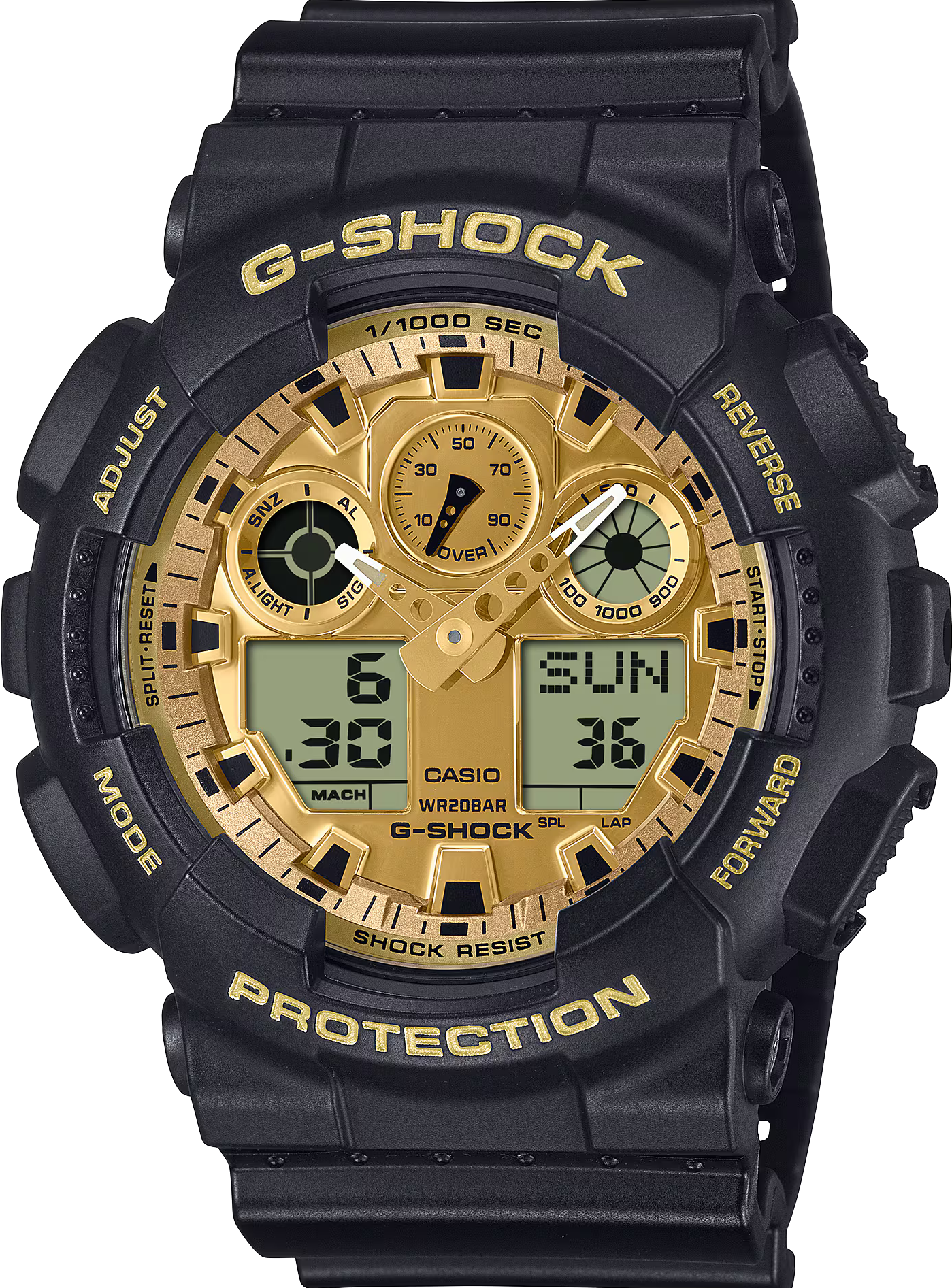 萬年鐘錶 - G-SHOCK  金色面盤大錶徑率性運動電子錶 GA-100GGB-1A9 錶徑 : 51.2 mm