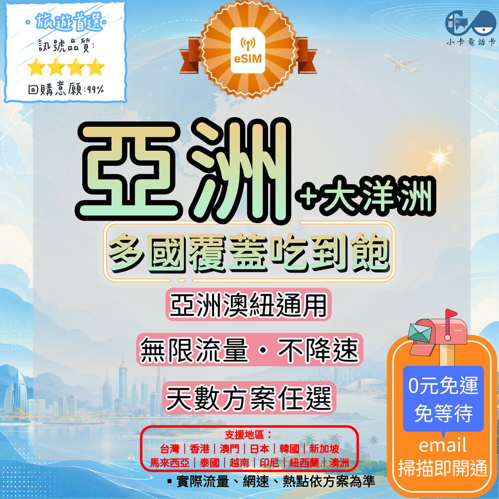 【eSIM】亞洲＋大洋洲多國通用全系列｜台灣、日韓、港澳、東南亞、澳紐〈快速啟用、免運即時開通、天數客制化〉