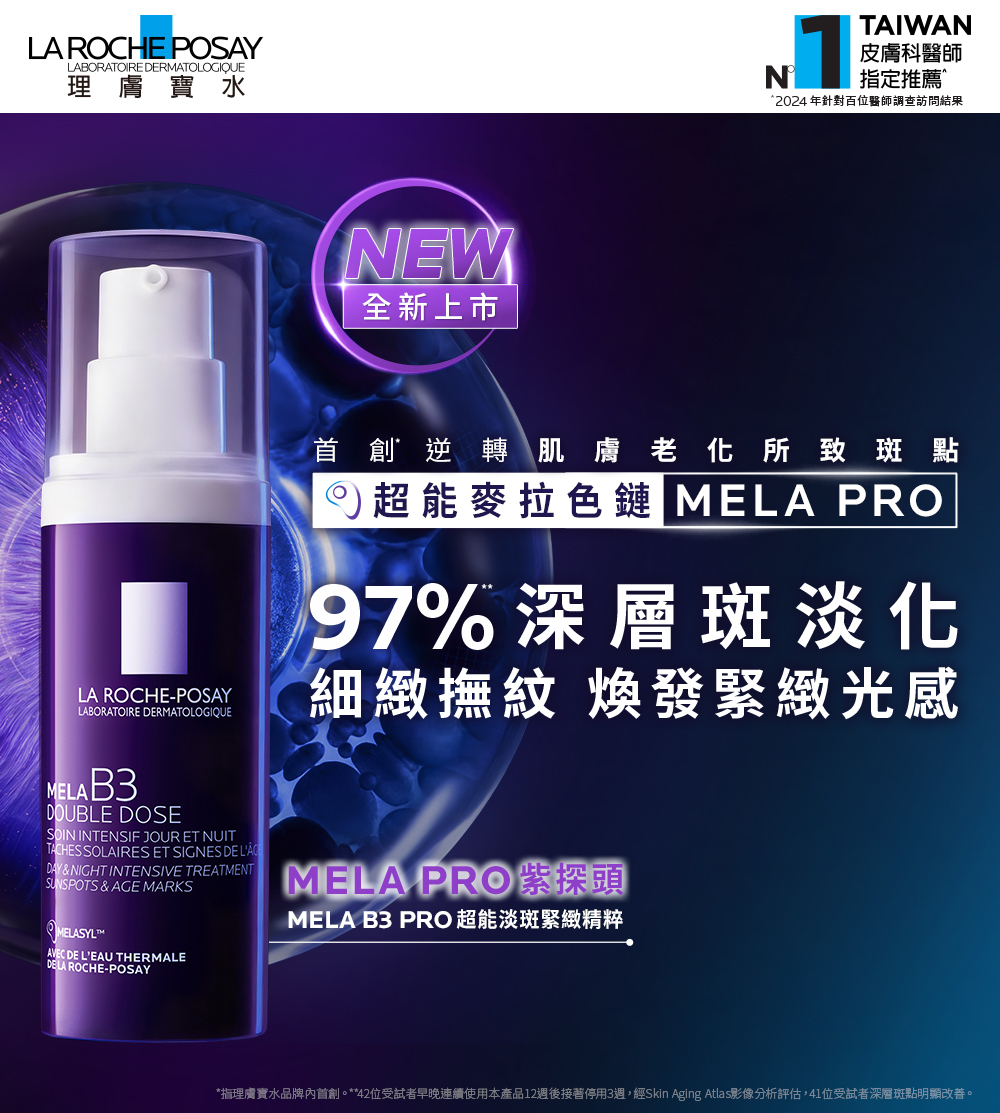 理膚寶水全新上市 MELA PRO 紫探頭(MELA B3 PRO 超能淡斑緊緻精粹),採用超能麥拉色鏈技術,幫助改善老化暗沉與斑點,品牌實測達97%淡化斑點與撫紋緊緻滿意度