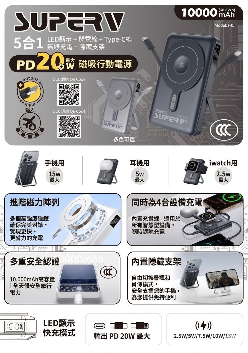 ⚡Superv 🇭🇰 4合1 LED顯示屏無線移動電源T488（2-3星期寄出）