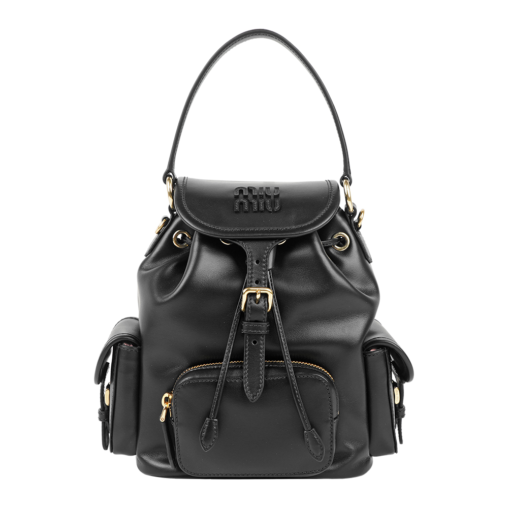 【MIU MIU】Logo 壓印小牛皮二用中款後背包(黑色)