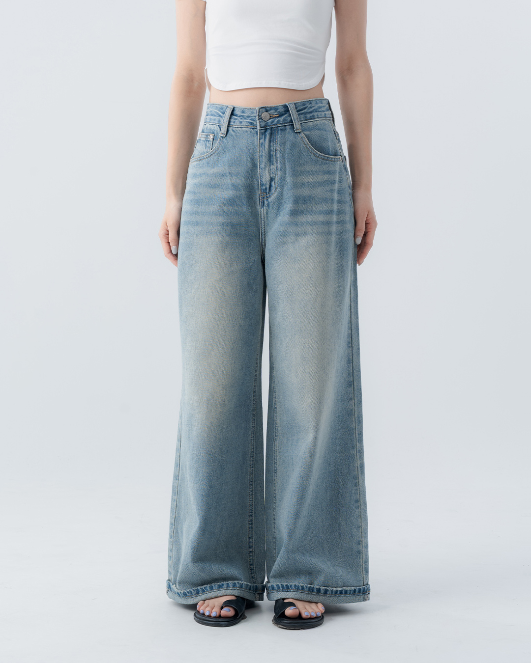 Casual fold-over design washed wide-leg jeans S/M/L【04011888】in stock+pre-order