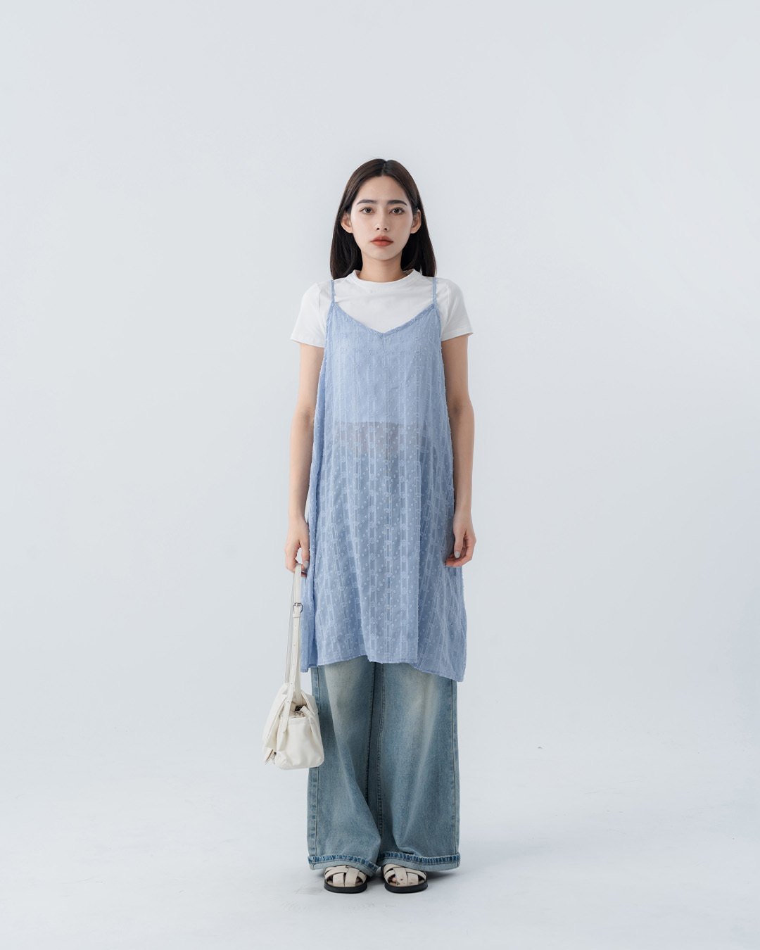 Lace jacquard sequined sheer spaghetti strap cover-up vest - blue【01099837】in stock+pre-order