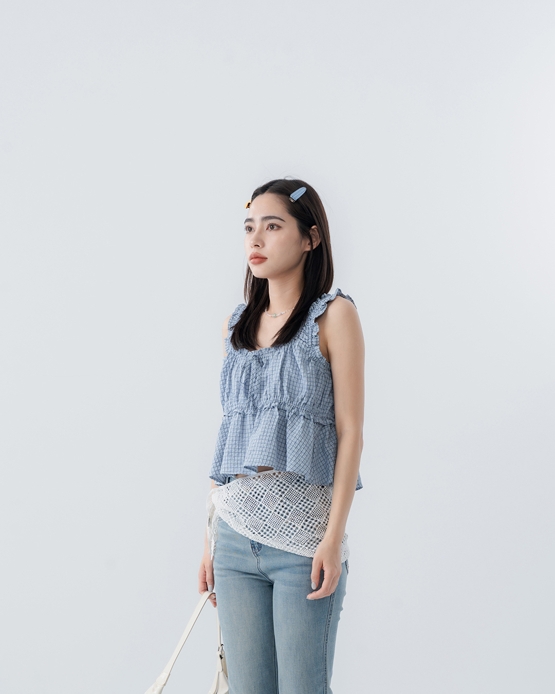 Checkered ruffled tie-up blouse vest - blue【01099800】in stock+pre-order