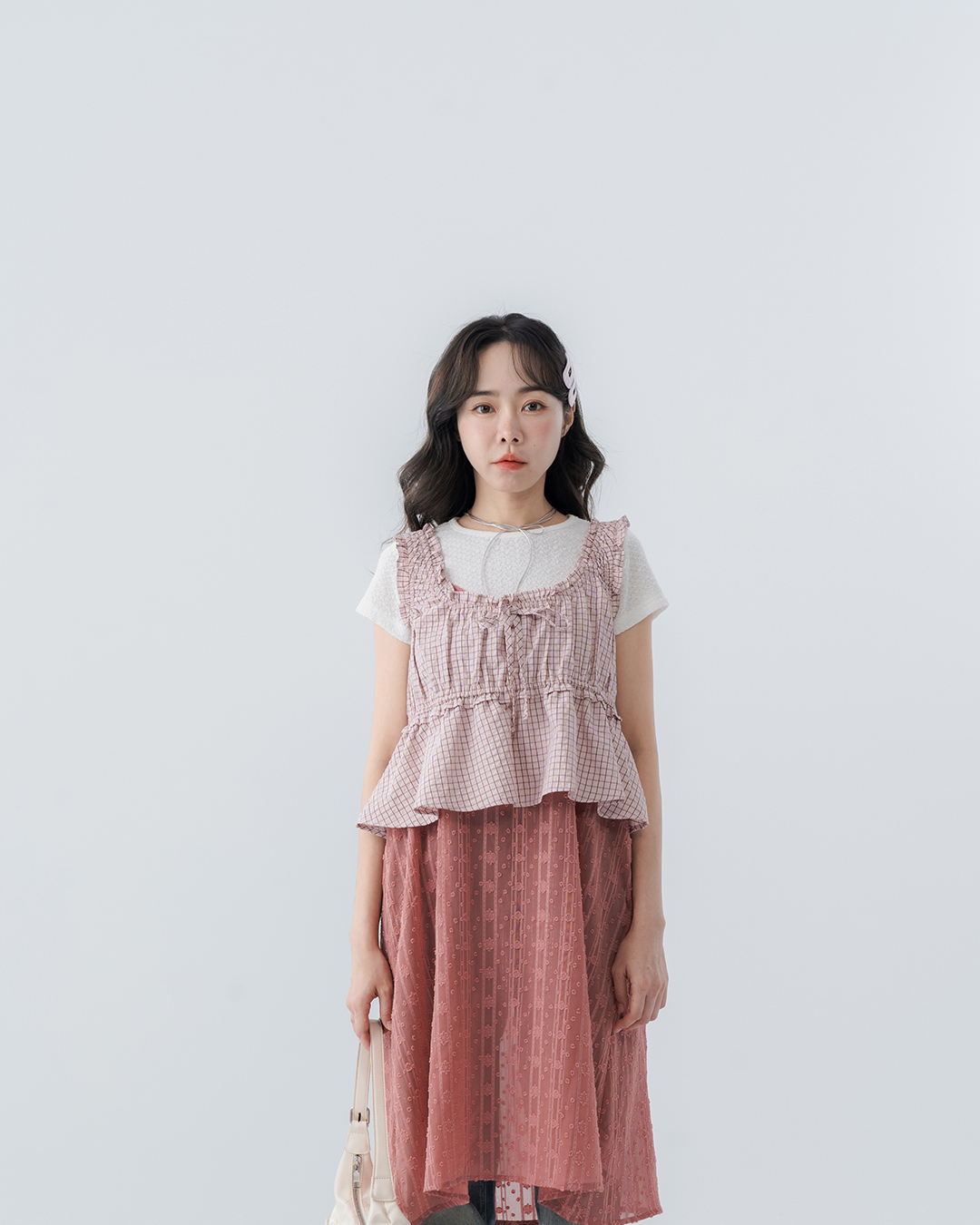 Checkered ruffled tie-up blouse vest - pink【01099801】in stock+pre-order