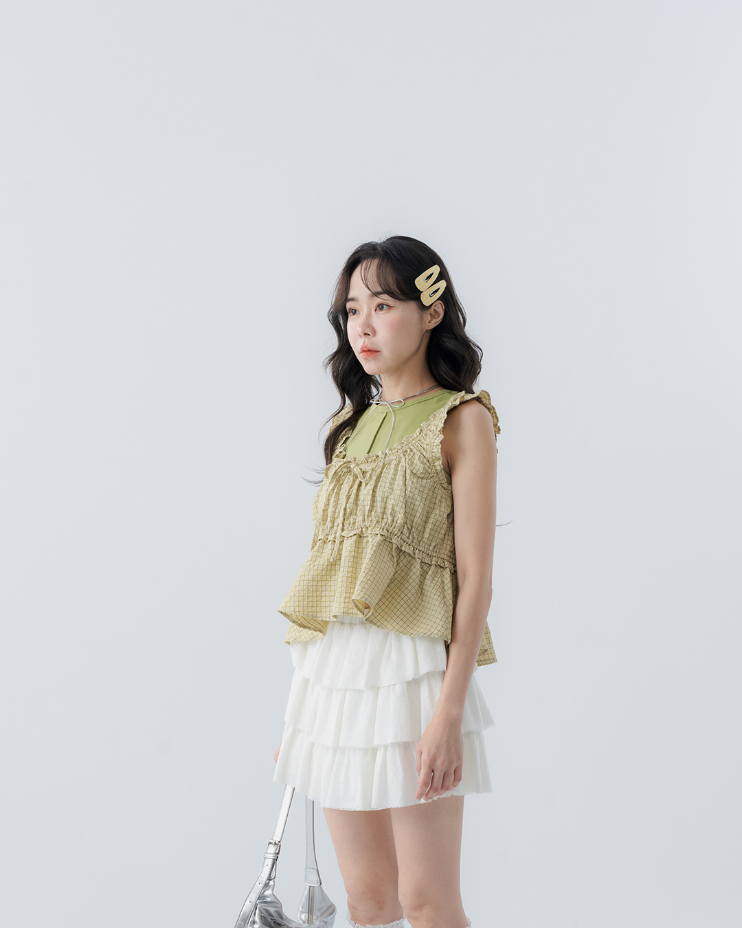 Checkered ruffled tie-up blouse vest - green【01099802】in stock+pre-order