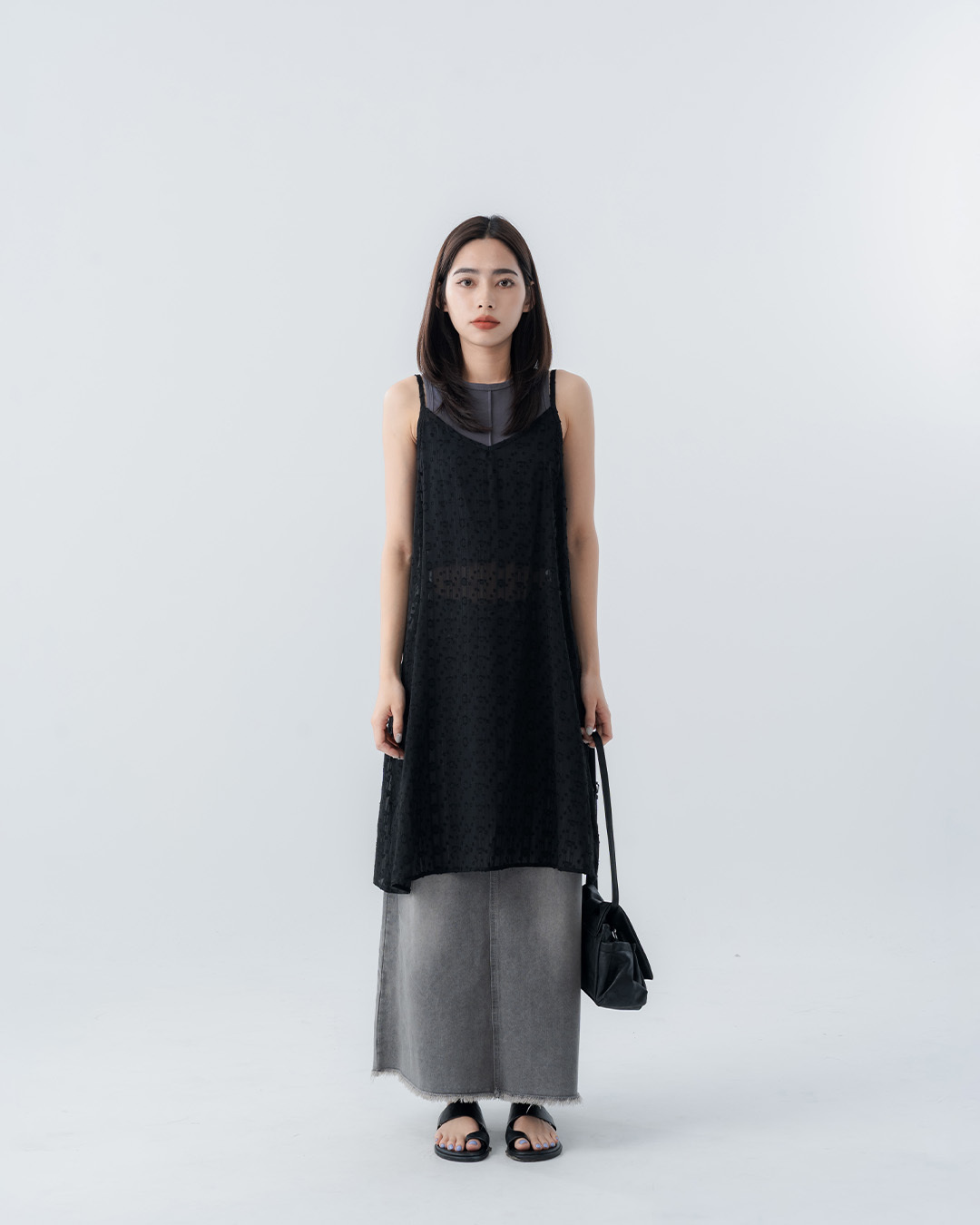 Lace jacquard sequined sheer spaghetti strap cover-up vest - black【01099839】in stock+pre-order