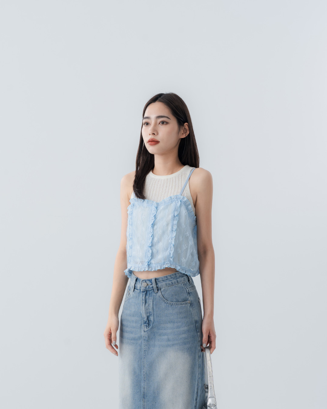 3D ruffled jacquard sheer short-sleeved cover-up vest, available in three colors【01099891】in stock+pre-order