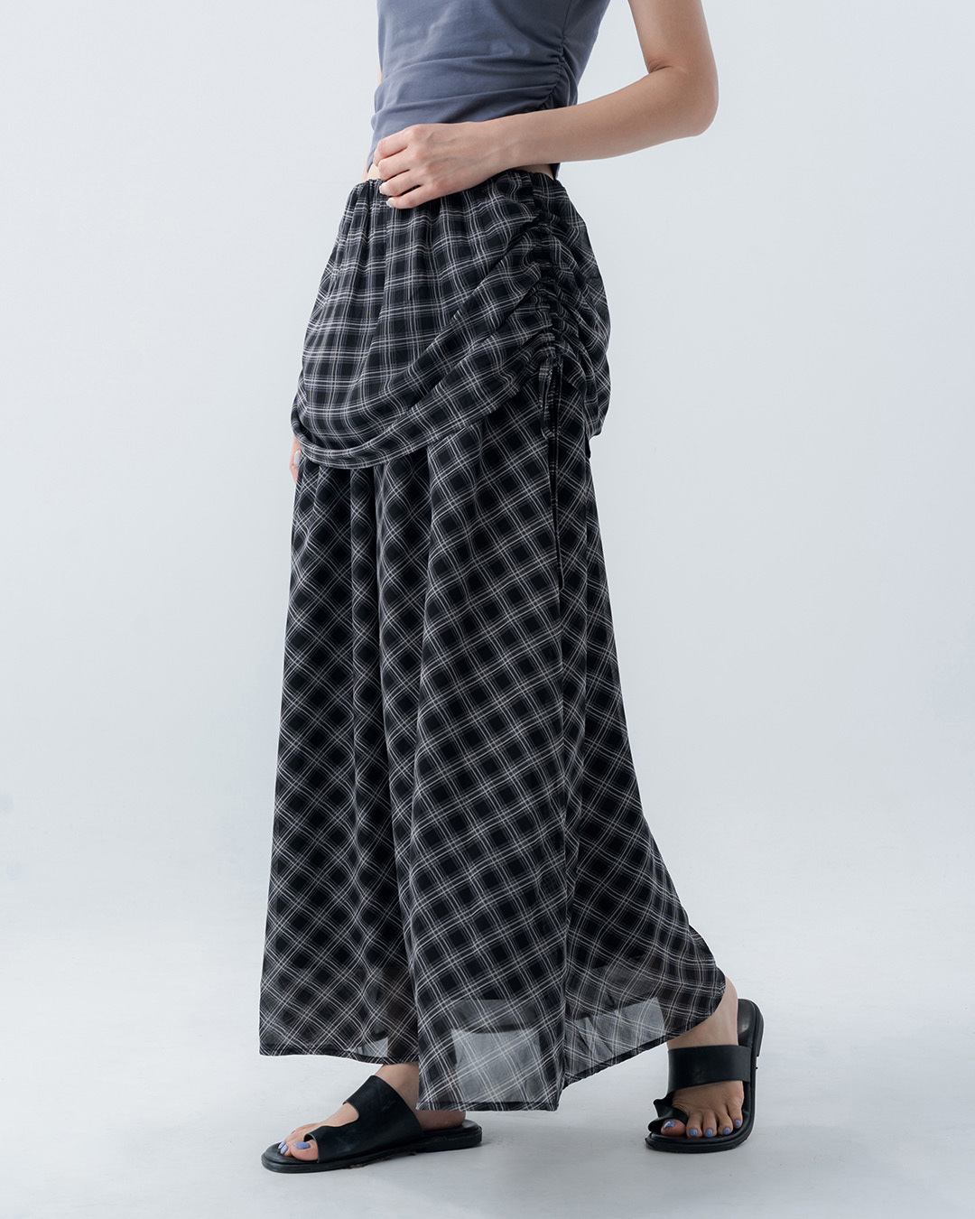 Plaid ruched double-layered faux two-piece tie-up long skirt【03021781】in stock+pre-order