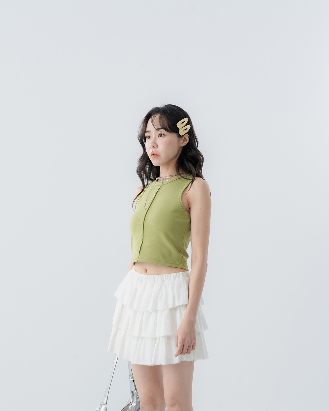 Short-sleeved vest with front center pleats - Green S/M【01150486】in stock+pre-order