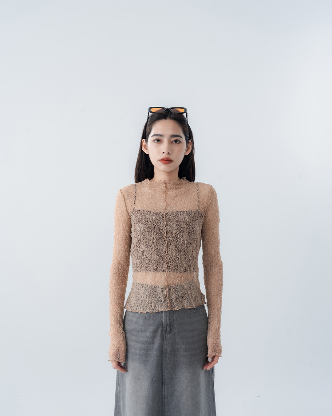 Lace-trimmed, ruffled, sheer long-sleeved turtleneck top【01099915】in stock+pre-order