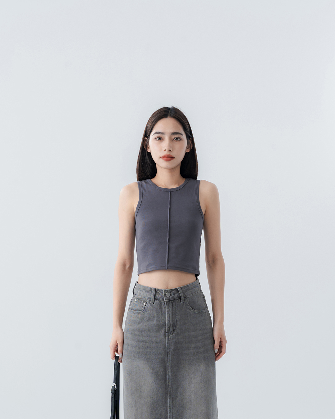 Short-sleeved vest with front center pleats - Dark gray S/M【01150484】in stock+pre-order
