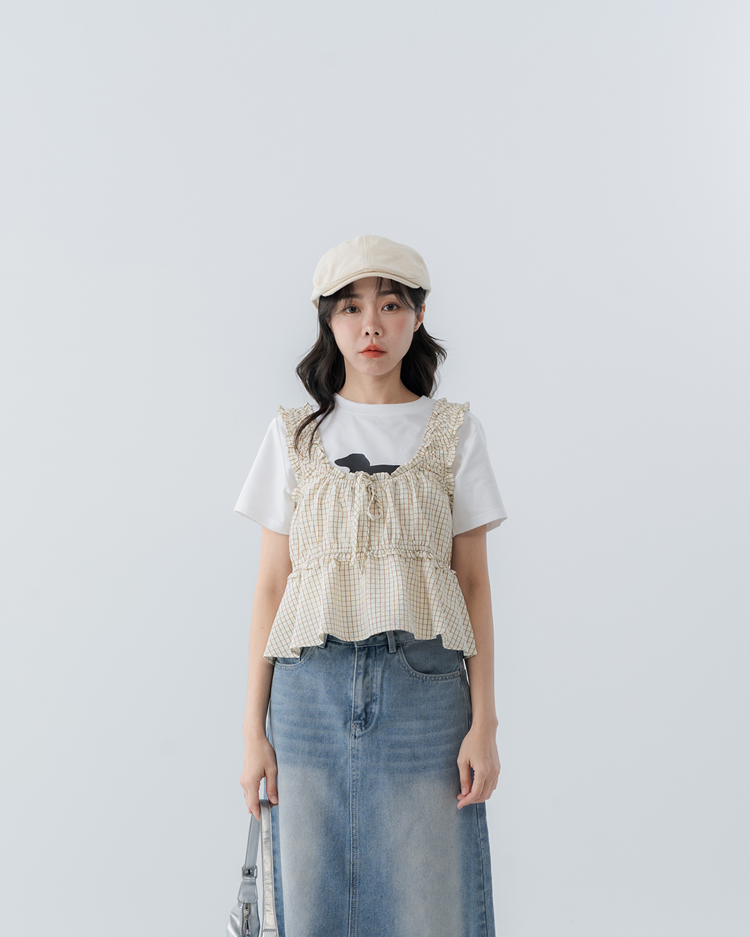 Plaid Ruffle Tie-Waist Vest - Apricot【01099799】in stock+pre-order