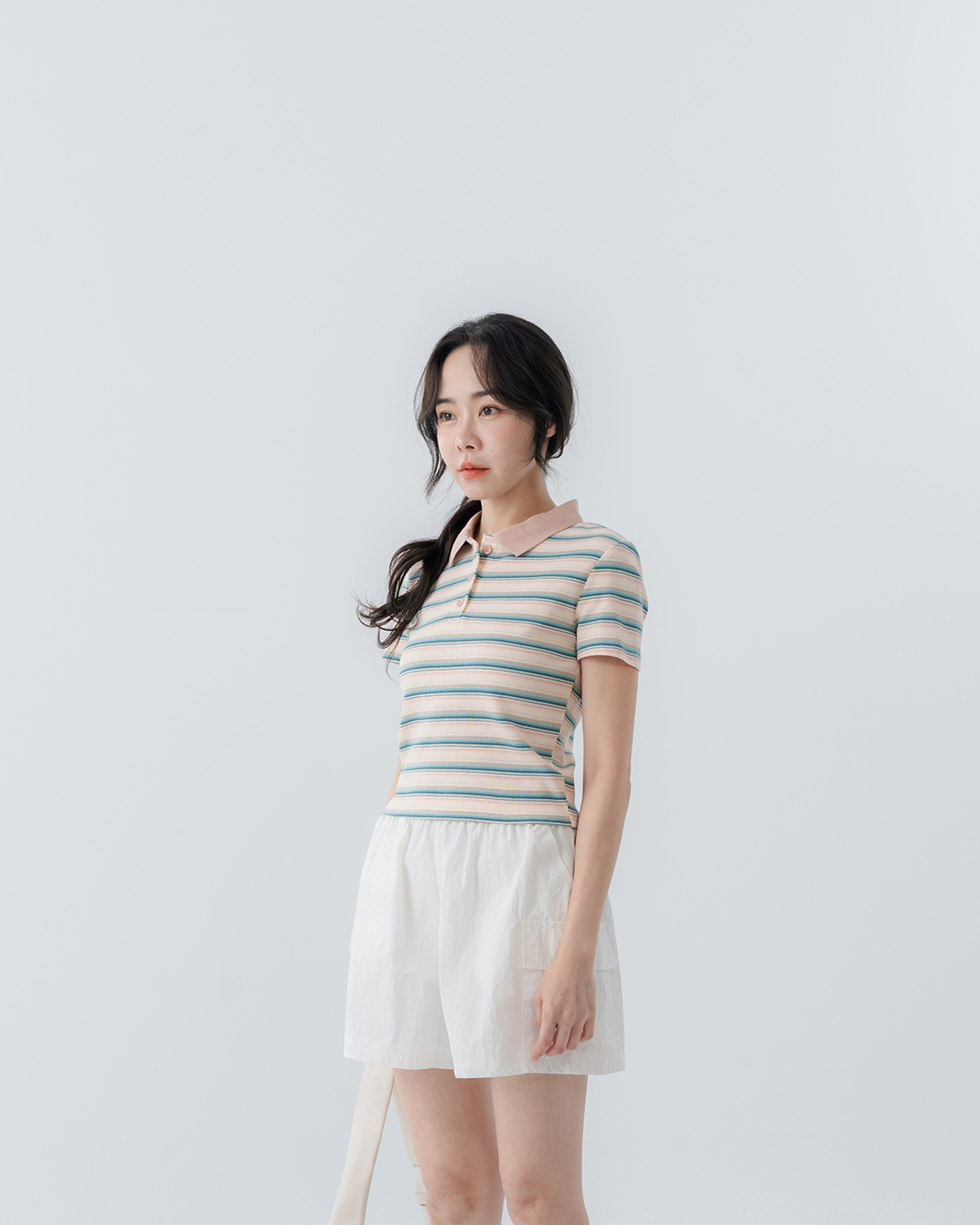 Striped polo collar short-sleeved top in three colors  S/M【01060084】in stock+pre-order