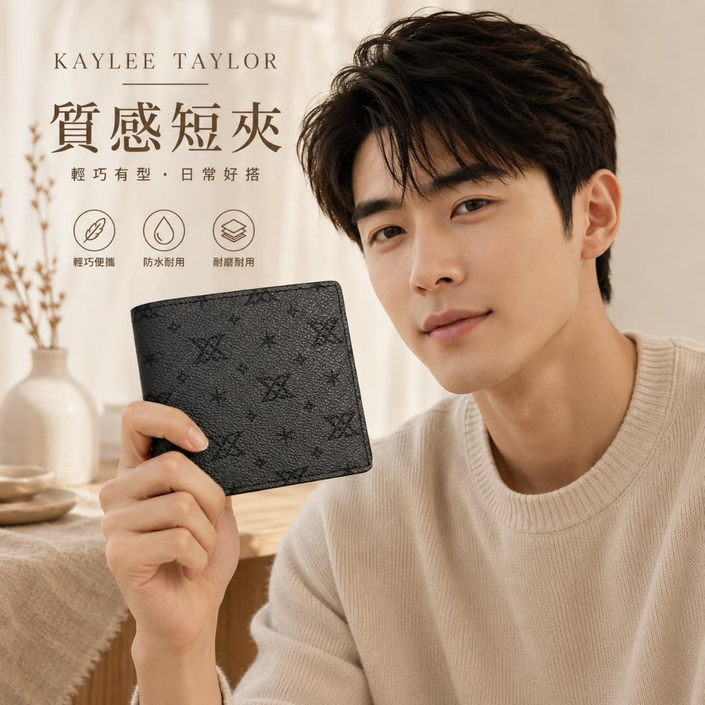 KAYLEE TAYLOR 錢包 相片短夾 真皮錢包 老花短夾 男士皮夾 字紋錢包 對折短夾 送男友 質感禮物 004