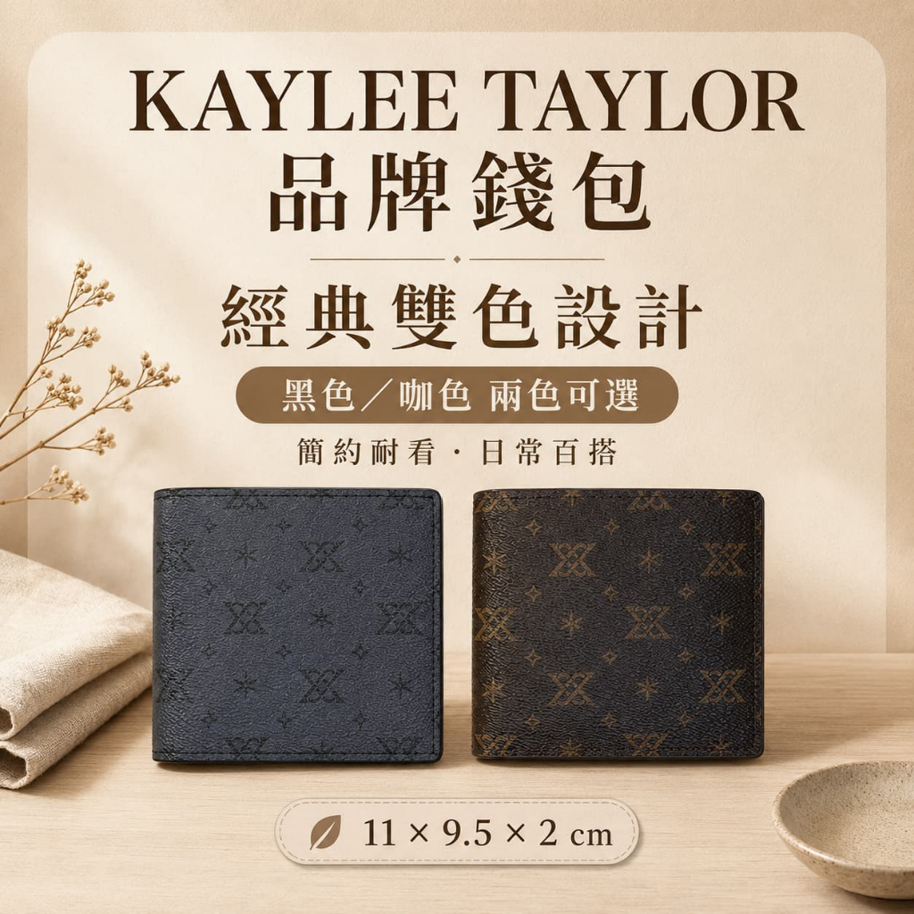 KAYLEE TAYLOR 對折短夾 老花短夾 真皮錢包 防水塗層皮夾 男生皮夾 錢夾 牛皮皮夾 咖色錢包 001